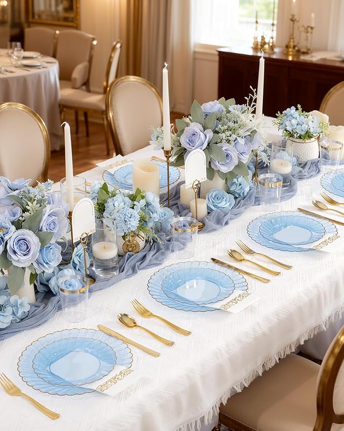 YOUBET 175PCS Clear Blue Scalloped Plastic Plates - Blue and Gold Disposable Dinnerware Set Include 50 Plates, 75 Gold Silverware, 25 Cups, 25 Napkins for Party & Wedding & Baby Shower