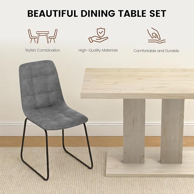 Modern 5-Piece Dining Table Set for 4, 46" Pedestal Dining Room Table with 4 Leather Chairs, Small Space Saving Kitchen Table Set, Natural Wood Finish Rectangle Table for Home & Apartment