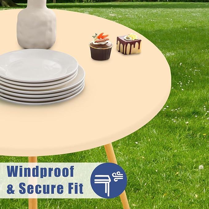 Round Spandex Tablecloth, Elastic Fitted Waterproof Tablecloths for 18"-24" Tables, Stretch Washable Picnic Table Cover for Camping, Dining, Indoor and Outdoor,Ivory