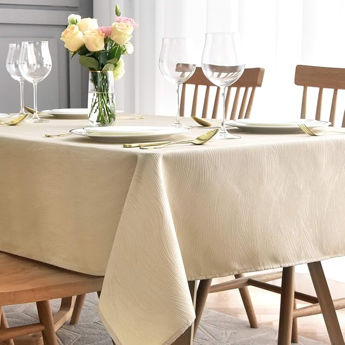 maxmill Jacquard Table Cloth Swirl Pattern Spillproof Wrinkle Resistant Heavy Weight Soft Tablecloth for Kitchen Dinning Tabletop Outdoor Picnic Rectangle 52 x 70 Inch Beige
