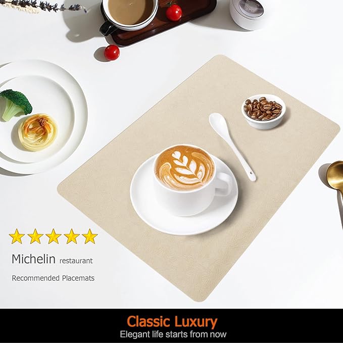 Vinyl Placemats Set of 12 Faux Leather 100% Waterproof Wipeable Washable Place Mats Heat Resistant Easy Clean Non-Slip Table Mats for Indoor Outdoor. (12,Beige)