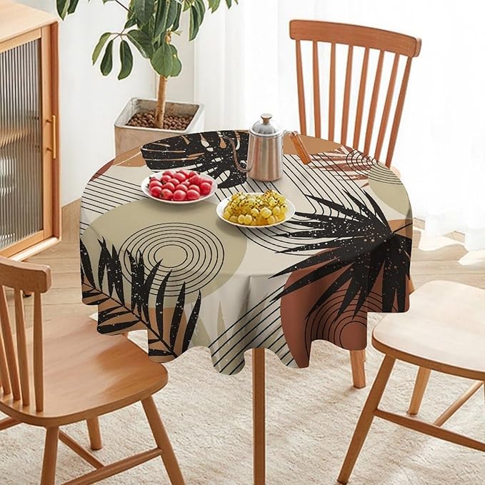 Boho Medieval Abstract Leaves Round Tablecloth, Mid Century Modern Bohemian Style Print Tablecloth for Home Party Dining Room Kitchen Decor 60Inch(152cm)