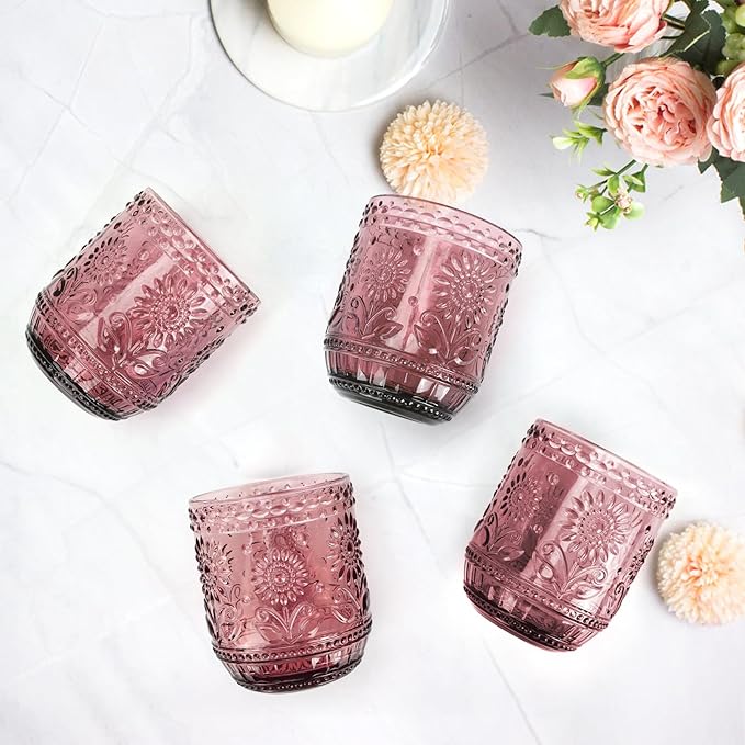 Topsky Vintage Drinking Glass Set of 4,12 oz Embossed Floral Drinkware Set,Pink Purple Drinking Glasses Cups Wine Glasses Colored Glassware for Whisky,Beer,Juice,Cocktail,Heavy Duty