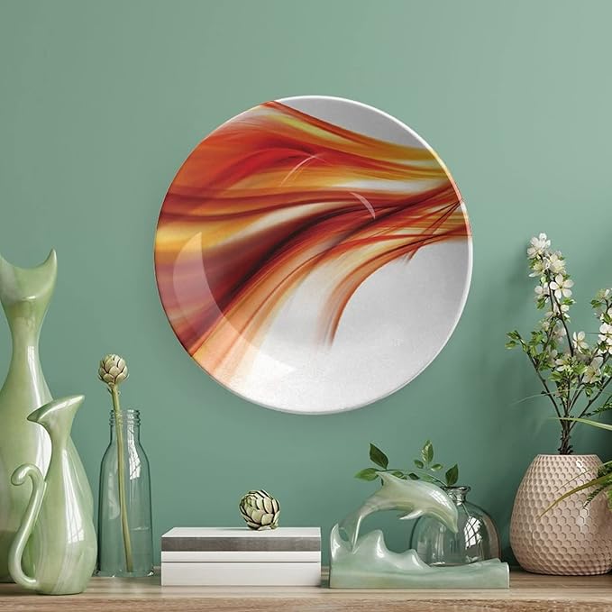 Ceramic Plates, Abstract Decorative Ceramic Plates, Modern Smooth Lines Blurred Smock Art, 8 Inch, for Dining, Parties, Wedding, Orange Red