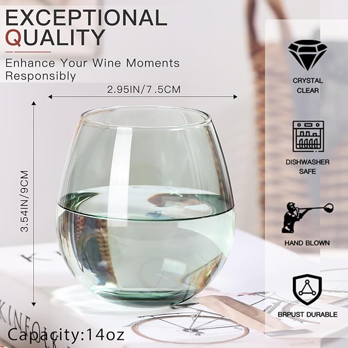 Green Stemless Wine Glasses Set of 6-15oz -Modern Hand-Blown Wine Glasses, European Design Crystal Glass For Red & White Wine, Unique Gifts for Wedding, Birthday