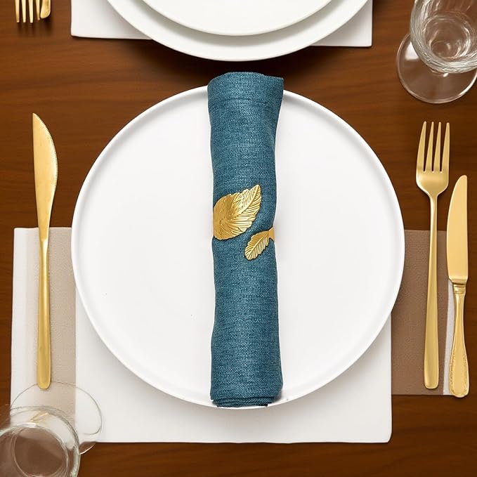 Gold Leaf Napkin Rings Set of 8,Metal Napkin Ring Holder Bulk for Holiday Party,Wedding,Banquet Elegant Table Setting,Classic Dining Room Decor (8)