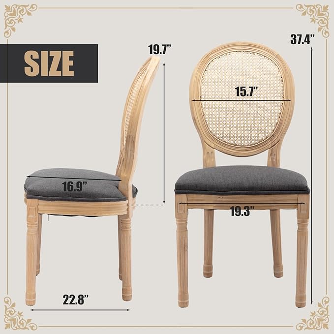 SoarFlash French Dining Chairs Set of 2, Vantage Dining Chair with Round Back, Wood Leg Farmhouse Country Rattan Dining Chair for Kitchen,Bedroom,Deep Grey
