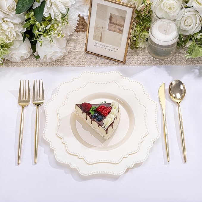 COLOSUS 60pcs Ivory Plastic Plates -Elegant Plastic Plates,Heavy Duty Cream Disposable Plates for Party Include 30 pcs Dinner Plate and 30 pcs Dessert Plate for Wedding/birthday/baby shower