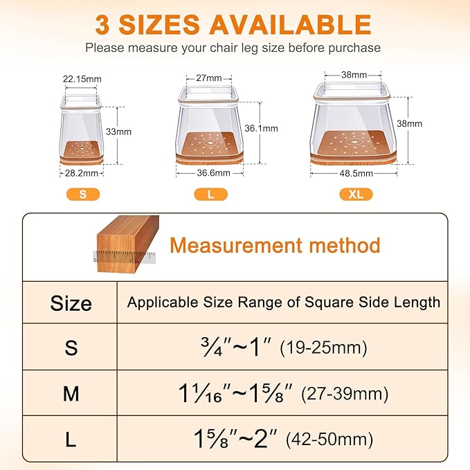 24 Pcs Chair Leg Floor Protectors for Hardwood Floors Square Silicone Covers to Protect Wood Tile Floors Felt Pads Furniture Leg Caps Anti-Scratch Reduce Noise (Fit:3/4" to 1")