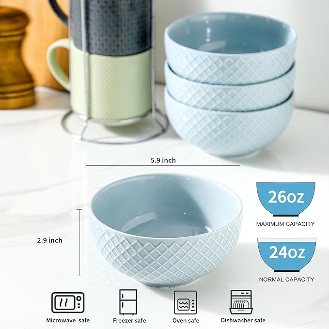 HASENSE Soup Bowls 26 OZ, Ceramic Bowls Set of 4 for Kitchen, Stoneware Porcelain Cereal Bowls for Soup, Cereal, Oatmeal, Fruit, Salad, Noodle and Rice, Microwave Dishwasher Safe,Blue