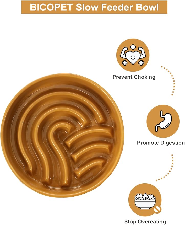 Ceramic Maze Dog Slow Feeder with Non-Slip Silicone Rim – Heavy-Duty Stoneware Bowl with Puzzle Pattern for Bloating & Obesity Prevention (Orange-S)