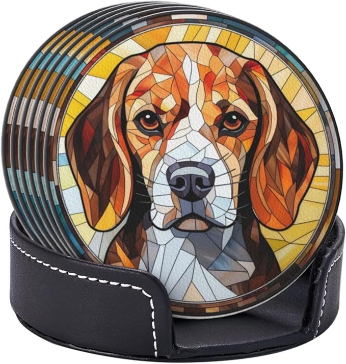 Drink Coaster Set of 6, Beagle Dog Mom Lover Gift,Leather Drink Coasters with Holder,6 Pack Cup/Bar/Drink Coasters for Table/Drinks/Coffee Protection Housewarming Gift