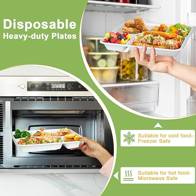 Compostable 5 Compartment Paper Plates Disposable, 11 * 8.6 inch, [50-Pack] Heavy Duty Plates with Deep Dividers, Sturdy School Lunch Trays, White Large Paper Dinner Plates for Buffet Party