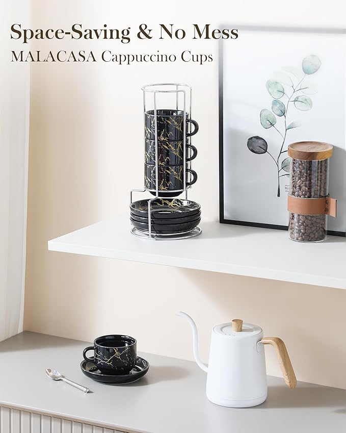 MALACASA 8 OZ Porcelain Espresso Cups with Saucers and Metal Stand Set of 4, Stackable Cappuccino Cups, Marble Black Expresso Shots Cup Set for Coffee Drinks, Latte, Tea