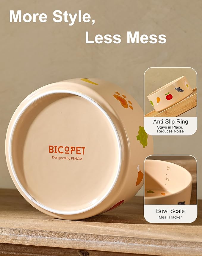 Ceramic Dog Bowl Set of 2 with Weighted Non-Slip Ring-3.3 Cups, Stoneware Food and Water Set, Pet Feeding, Microwave and Dishwasher Safe-NomNom-M 2pcs