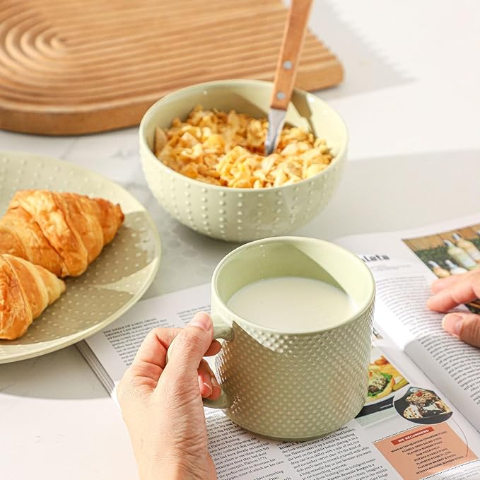 HASENSE Cereal Bowls, 26oz Soup Bowls Set of 4, Embossed Stoneware Porcelain Cereal Bowls, Large Ceramic Soup Bowls for Cereal, Oatmeal, Fruit, Salad, Noodle, Microwave Dishwasher Safe, Green