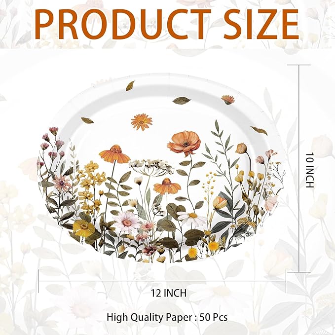Grencian 50Pcs Spring Wildflower Oval Paper Plates 10" x 12" Large Disposable Watercolor Spring Floral Paper Plate Wildflower Birthday Decorations for Tea Lunch Dinner Birthday Party Supplies
