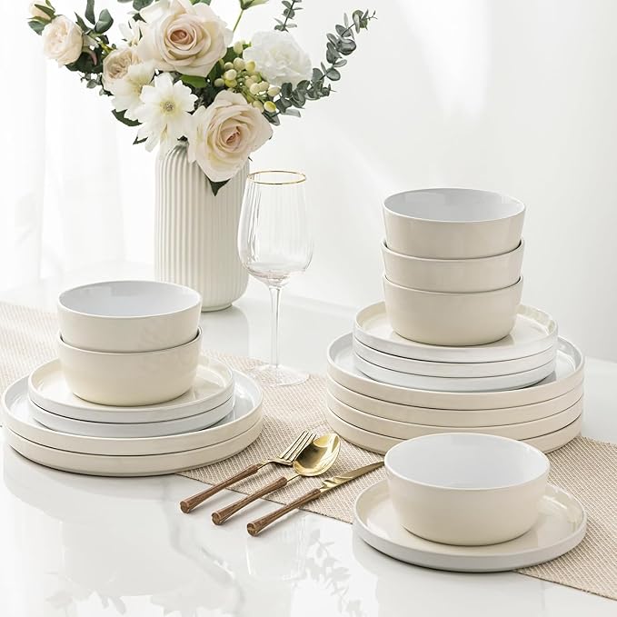 AmorArc Ceramic Dinnerware Set | Stoneware Plates and Bowls | Scratch Resistant,Dishwasher & Microwave Safe Dishes Sets-cream