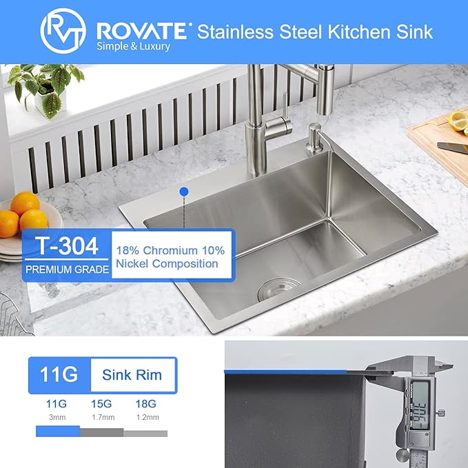 ROVATE 22 x 18 inch Drop-in Kitchen Sink Single Bowl, Small Topmount Kitchen Sink, Handmade 304 Stainless Steel Overmount Sinks with Strainer