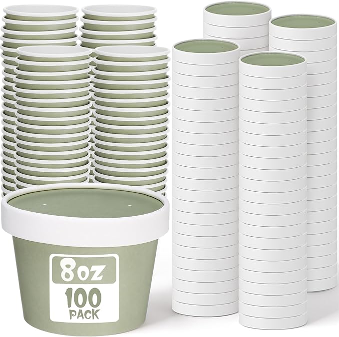 Fulmoon 100 Pack Paper Soup Containers with Lids Disposable Paper Food Containers with Vented Lid Kraft Ice Cream Cake Dessert Cups Soup Bowl for Party Hot Food Fruit Microwave(8 oz,Olive Green)