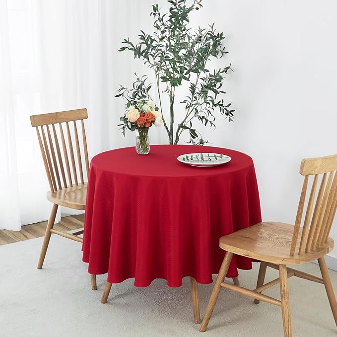 maxmill Round Tablecloth Weaved Texture Design Spill-Proof Wrinkle Free Soft Christmas Table Cloth for Circular Table Cover, for Dining Room Banquet Parties Holiday Dinner, 90 Inch Red