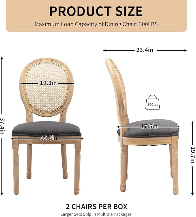 Vintage French Rattan Dining Chairs Set of 4, Solid Wood Frame with Round Rattan Back and Linen Upholstered Seat, Farmhouse Accent Sillas de Comedor Side Chairs for Dining Room & Kitchen, Gray