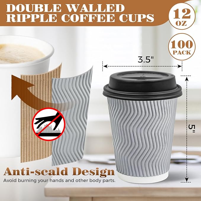 Ginkgo 100 Pack To Go Paper Coffee Cups With Lids, 12 oz Disposable Double-Walled Ripple Insulated Hot Cups for Hot Drinks, Lattes, Travel Cups, Medium, Gray