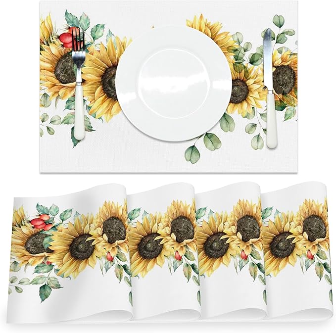 AOFOTO Sunflower Printed Placemats Set of 4 Spring Yellow Floral Leaves Fruit Printed Place Mats Washable Rectangular Table Mats for Party Home Kitchen Restaurant Dining Table Decor 12x18 Inch