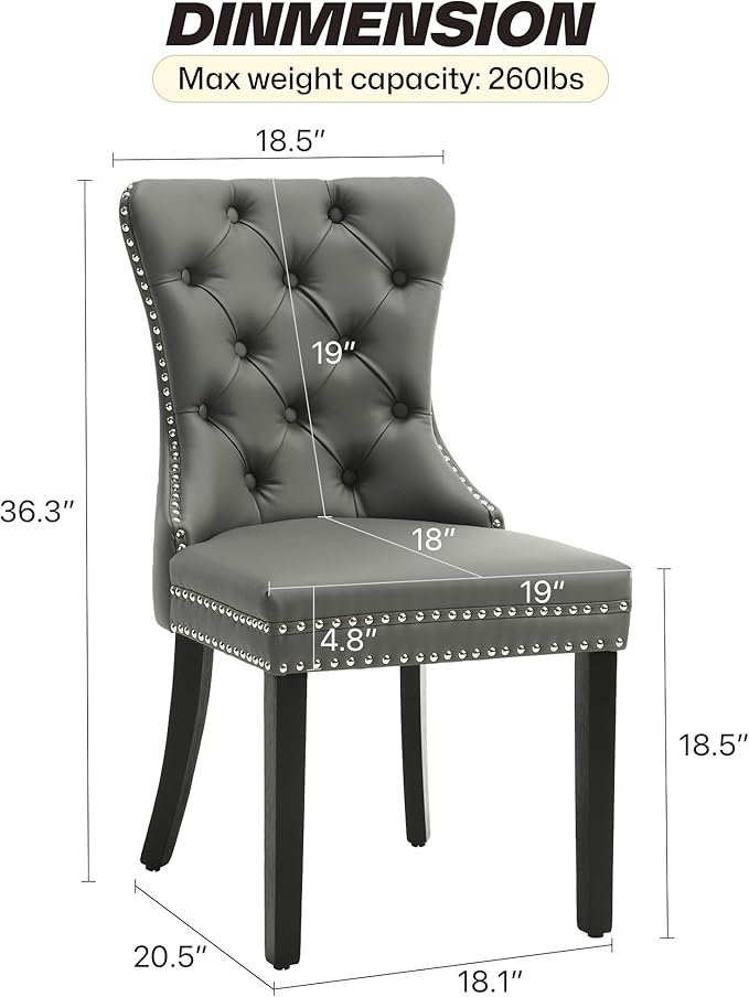KCC Faux Leather Dining Chairs Set of 4, Upholstered High-end Tufted Dining Room Chair with Nailhead Back Ring Pull Trim Solid Wood Legs, Contemporary Nikki Collection Modern Style for Kitchen, Gray