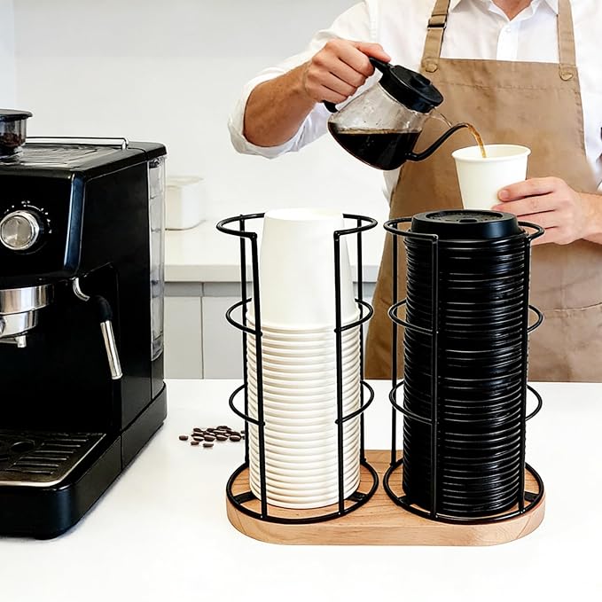 Metal 2-Compartment Coffee Cup Dispenser with Wood Base, Disposable Cup, and Lid Organizer for Countertop, Suitable for Gyms, Offices, Kitchens, Cafes（Black）
