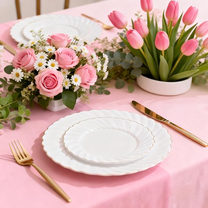 U-QE 60 Pcs White Plastic Plates with Gold Rim – Fancy Scalloped Plates Disposable - Premium Hard Plastic Plates Include 30 10" Dinner & 30 7" Dessert Plate for Party & Valentines Day