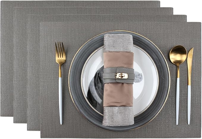 Placemats Set of 4 Faux Leather Waterproof Oil-Proof Wipeable Table Mats, Reversible Heat Resistant PU Place Mats for Kitchen Dining Table (13x18 Inch, Grey)