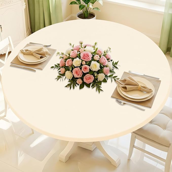 Round Spandex Tablecloth, Elastic Fitted Waterproof Tablecloths for 36"-44" Tables, Stretch Washable Picnic Table Cover for Camping, Dining, Indoor and Outdoor, Beige