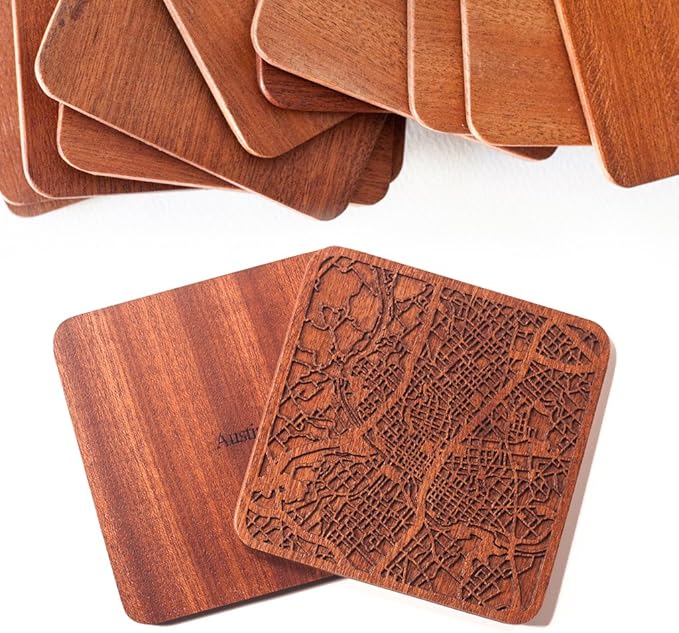 Austin Map Coaster by O3 Design Studio, Set Of 4, Sapele Wooden Coaster With City Map, Handmade