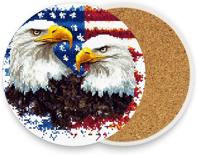 Coasters for Drinks Coaster Drink Set Decorative Coffee Table Desk Cup Mat Spring Cute Cork Bar Backing Round Home Decor Pixel Bald Eagle USA Flags White33