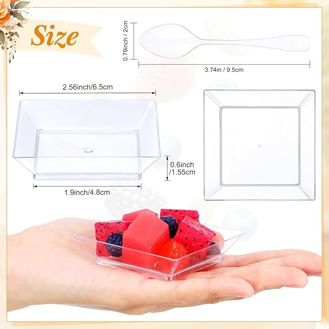 300 Pcs Mini Clear Dessert Plate Small Square Plastic Appetizer Plate with 300 Tasting Spoon Disposable 1 oz 2.4x2.4 Inch Party BBQ Wedding Picnic Party Travel Events Microwavable(Classical)