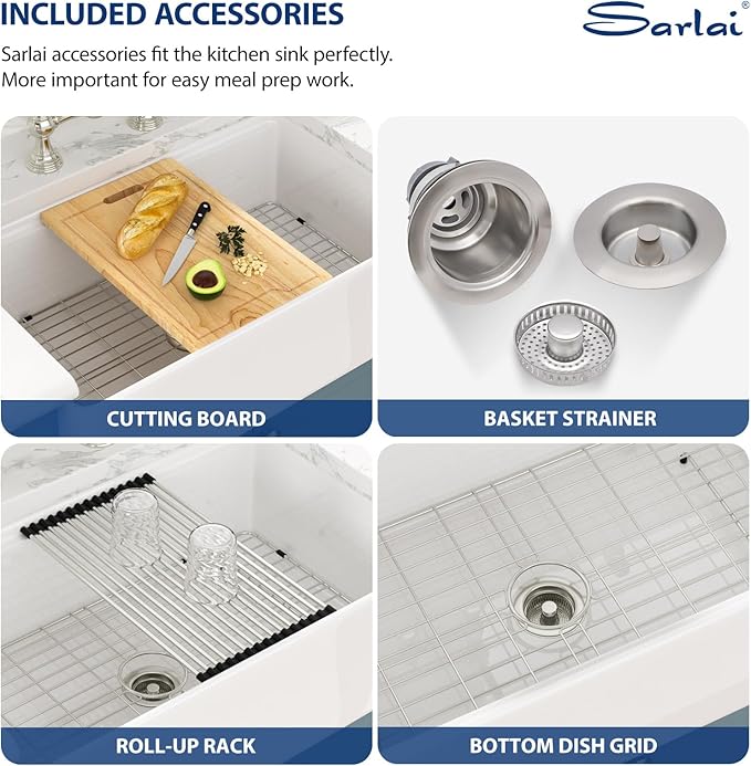 Sarlai 30 White Farmhouse Kitchen Sink - 30x20 Inch Farm Kitchen Sink Ledge Workstation White Ceramic Porcelain Fireclay Farmer Sinks 10" Inch Deep Single Bowl Basin with Assesories