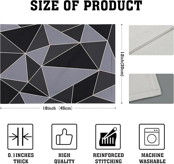 Black Table Mats Set of 4 - Mid Century Modern Placemats Gray Table Mats 12x18 for Party Kitchen Dining
