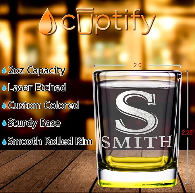 Personalized Shot Glasses Set of 4 Initial and Name 2oz Yellow Bottom Etched Square Shot Glass Engraved with Custom Text Birthday Gift for Men and Women