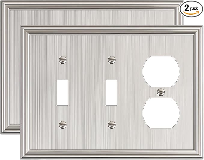 2-Pack Combo Double Toggle/Single Duplex Outlet Covers, Durable Zinc Alloy Decorative Switch Plate Covers, Brushed Nickel 4 Gang Switch Plates, Corrosion Resistant
