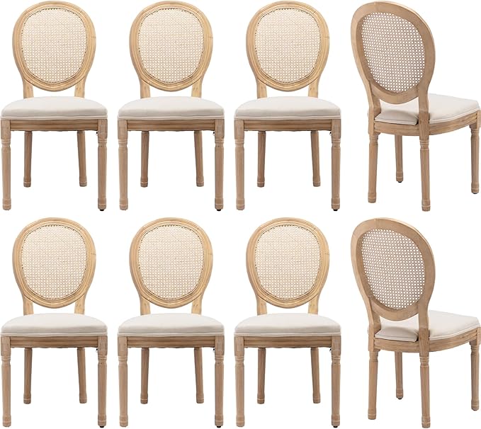 Vintage French Rattan Dining Chairs Set of 8, Solid Wood Frame with Round Rattan Back and Linen Upholstered Seat, Farmhouse Accent Sillas de Comedor Side Chairs for Dining Room & Kitchen, Beige
