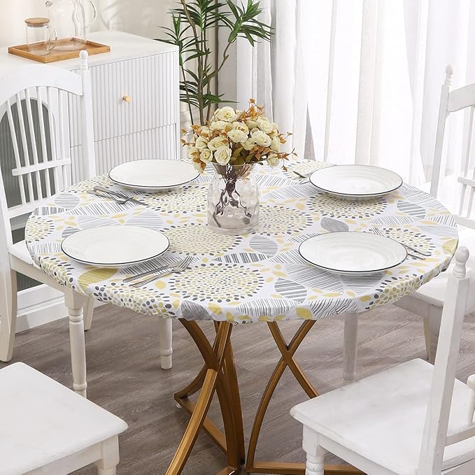 Walrus Round Vinyl Fitted Tablecloth with Flannel Backing Elastic Edge Design Table Cover Waterproof Oil-Proof PVC Table Cloth Stain-Resistant Best for 32"-36" Round
