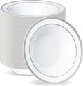 BESTVIP 100 Pack 12 oz Plastic Disposable Soup Bowls, White Dessert Bowls with Silver Rim, Heavy-duty Salad Bowl for Party, Wedding, Christmas, Dinner, Catering