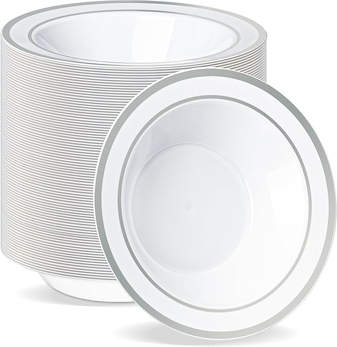 BESTVIP 100 Pack 12 oz Plastic Disposable Soup Bowls, White Dessert Bowls with Silver Rim, Heavy-duty Salad Bowl for Party, Wedding, Christmas, Dinner, Catering