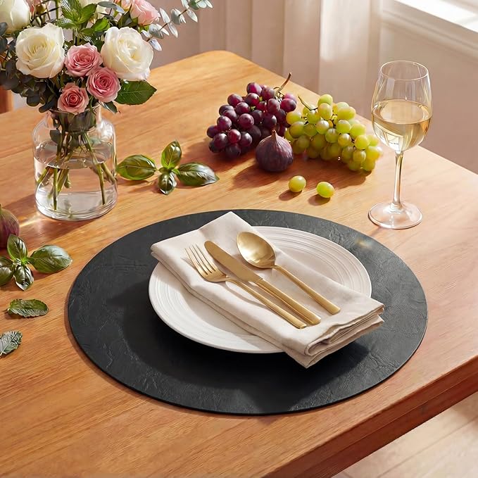 Artoid Mode Black Faux Leather Placemats Set of 4, 15 Inch Waterproof Wipeable Heat Resistant Vinyl Place Mats, Reversible Table Mats for Kitchen Dining Decor