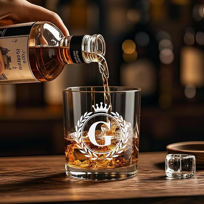 Whiskey Glasses - Rocks Old Fashioned Glass Gifts for Men, Monogrammed A-Z 10oz Personalized Whisky Glasses, Christmas Birthday Gifts for Men Him Dad Father Husband Brother Son (G)