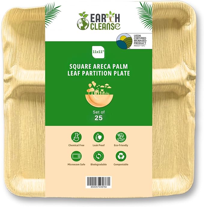 Areca Palm Leaf 11-Inch Square Plates (25 Count) – 100% Compostable, Biodegradable Like Bamboo Plates | Eco-Friendly Disposable Dinnerware | Microwave & Oven Safe