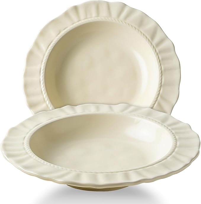 Ceramic Soup Bowls 8.6 in, Pasta Bowls & Plates, Cream color Floral-Embossed Wide Rim Shallow Bowls Set of 2, Italian Carving Design, Matte Finish Porcelain, Microwave & Dishwasher Safe