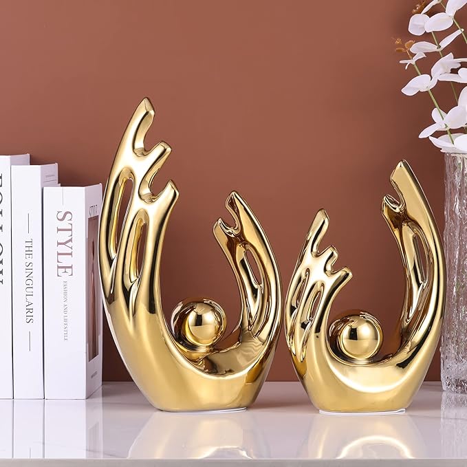 LCCCK 9.5" H Gold Aesthetic Room Decor Accent, TV Stand Funky Table Centerpiece, Abstract Art Ceramic Statue and Sculpture, Gold Decor for Living Room, Bookshelf Decorative Objects, Shelf