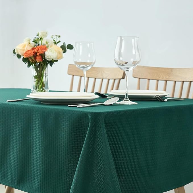 maxmill Rectangle Tablecloth Weaved Design Water Resistant Wrinkle Free Spill-Proof Soft Table Cloth for Dining Room Decoration, Banquet, Christmas Holiday Dinner, 60 x 84 Inch, Hunter Green